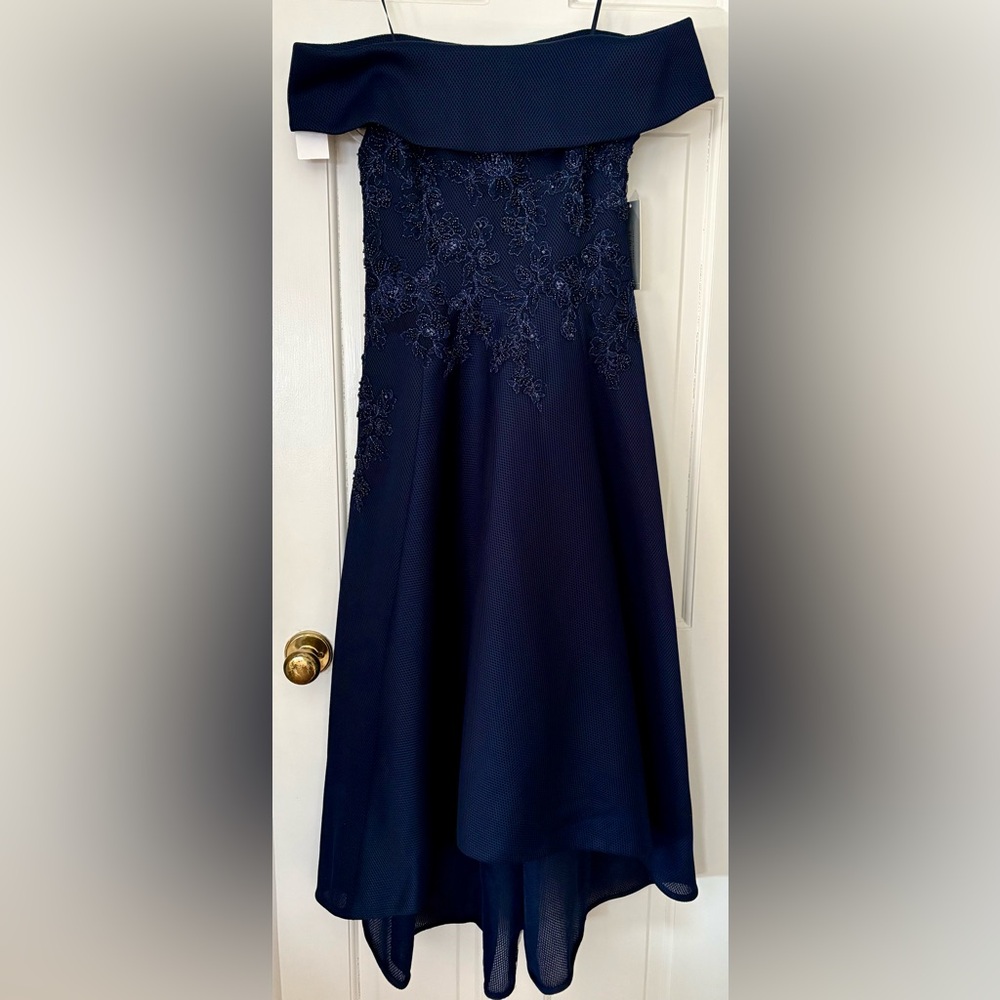 Rickie Freeman for Teri Jon Navy Off-Shoulder Dress